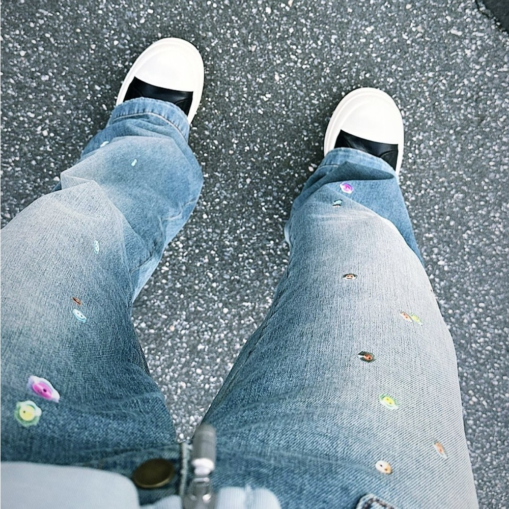 SOLD! Acne printed flared-leg jeans